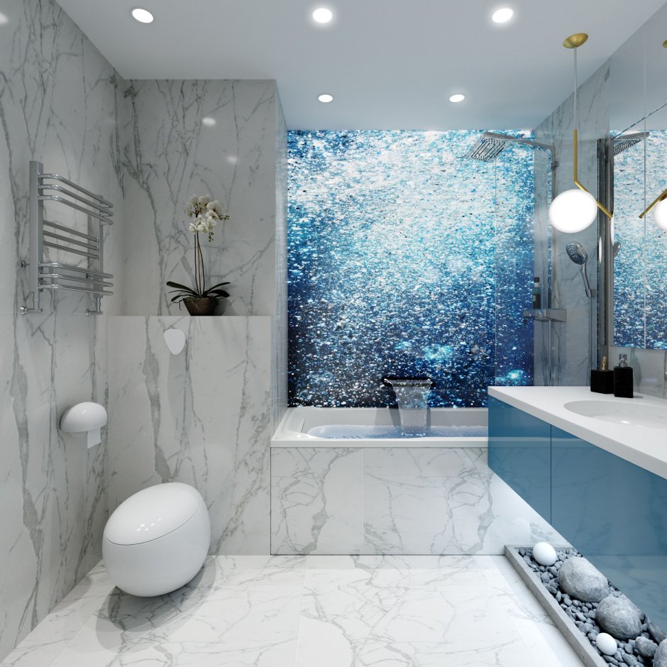 Интерьер ванной комнаты в голубых тонах стиль современный