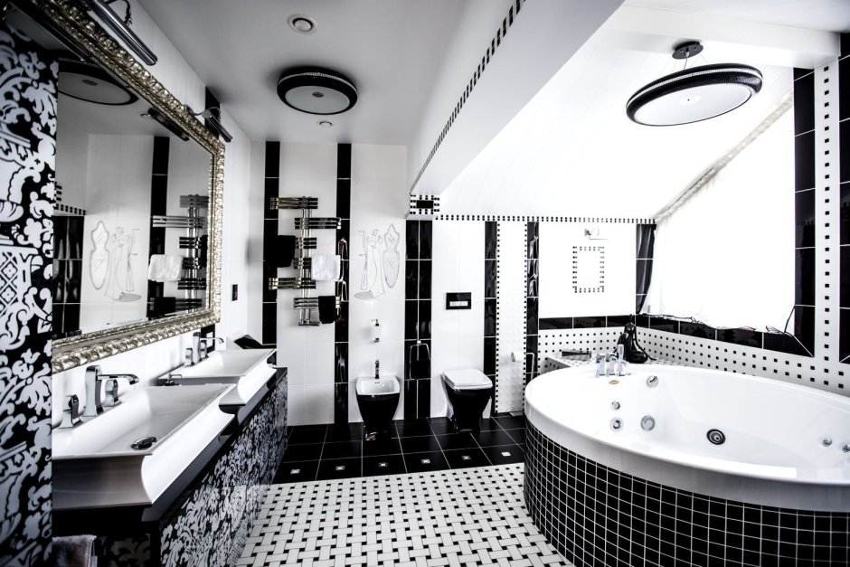 Дизайн ванной черно белый (66 фото)