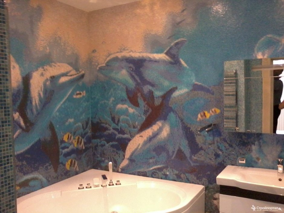 Дельфины в ванной на стене