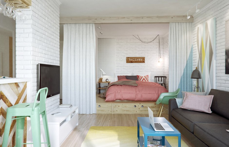 Спальня-гостиная 19м2 Скандинавский стиль