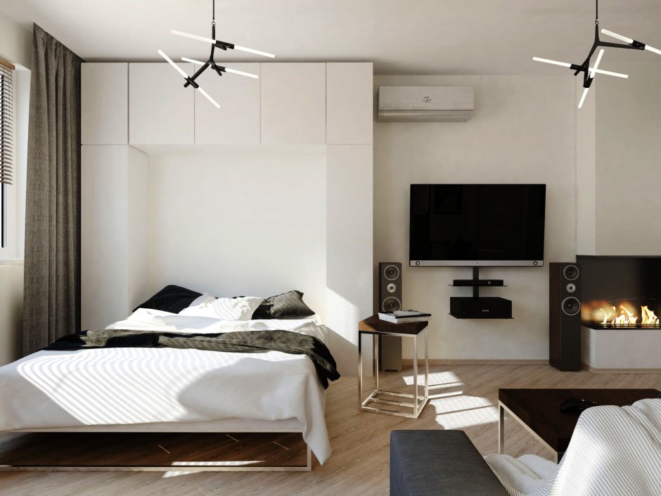 Современный интерьер однокомнатной квартиры с кроватью
