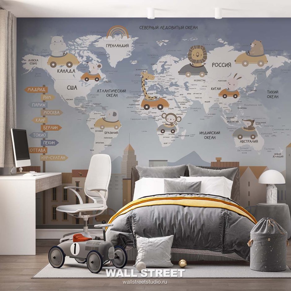 Фотообои карта мира в интерьере детской