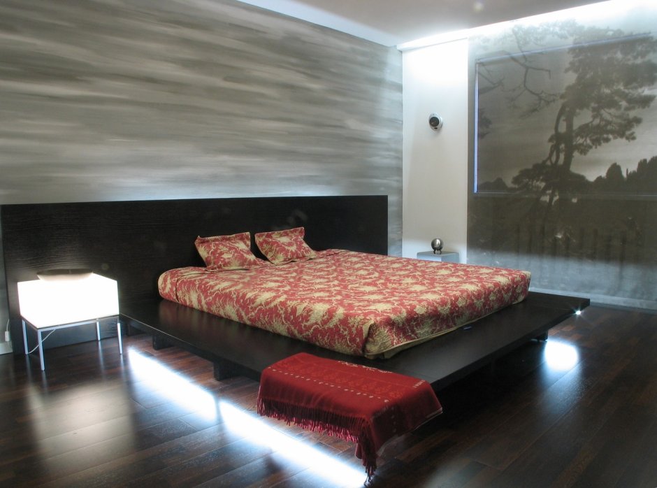 Спальня с ламинатом на стене в стиле лофт