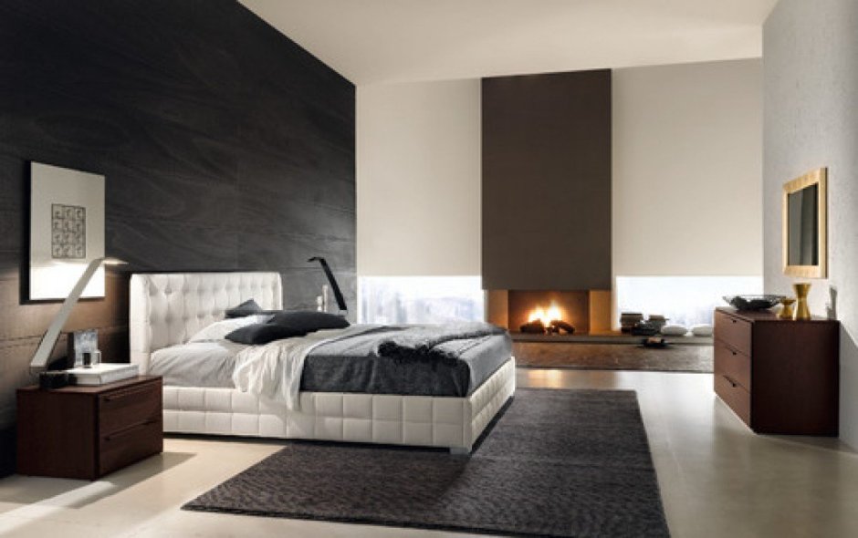 Интерьеры спальни в современном стиле с темным ламинатом