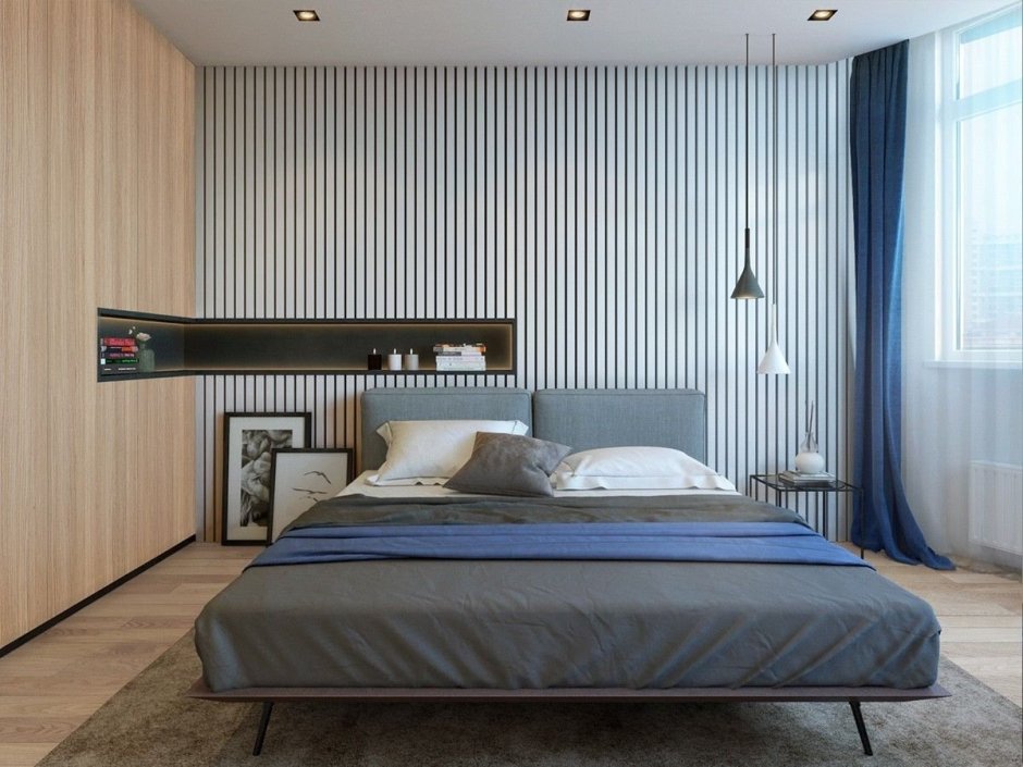 Современный интерьер спальни с рейками