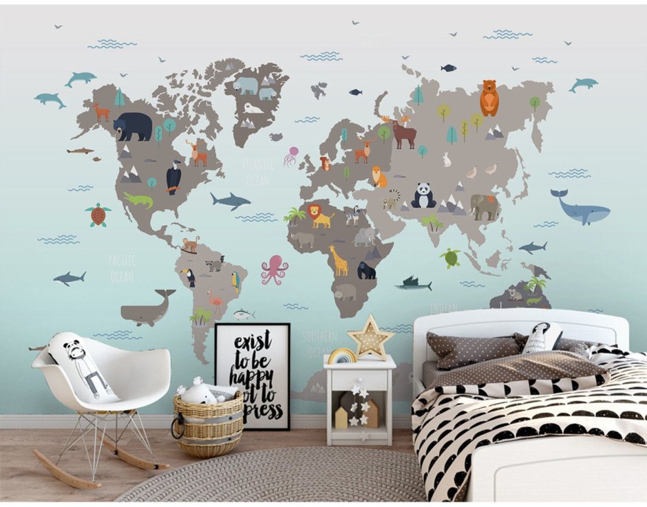 Карта мира на стене в детской комнате