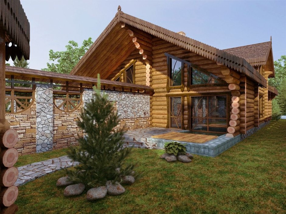 Двухэтажный деревянный дом из бревна