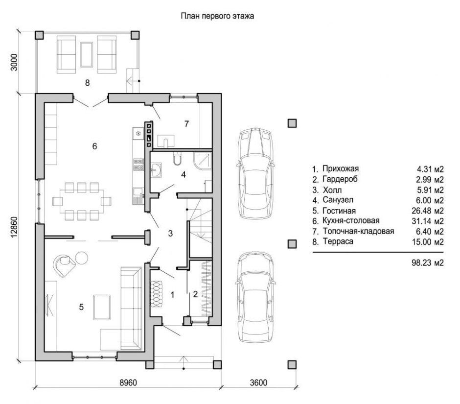 Планировка двухэтажного дома с кухней гостиной