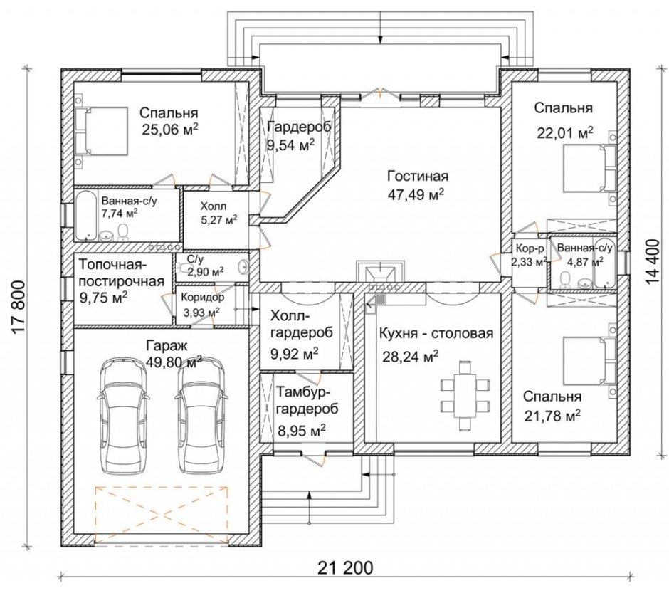 План одноэтажного дома с 2 спальнями и гаражом без коридоров