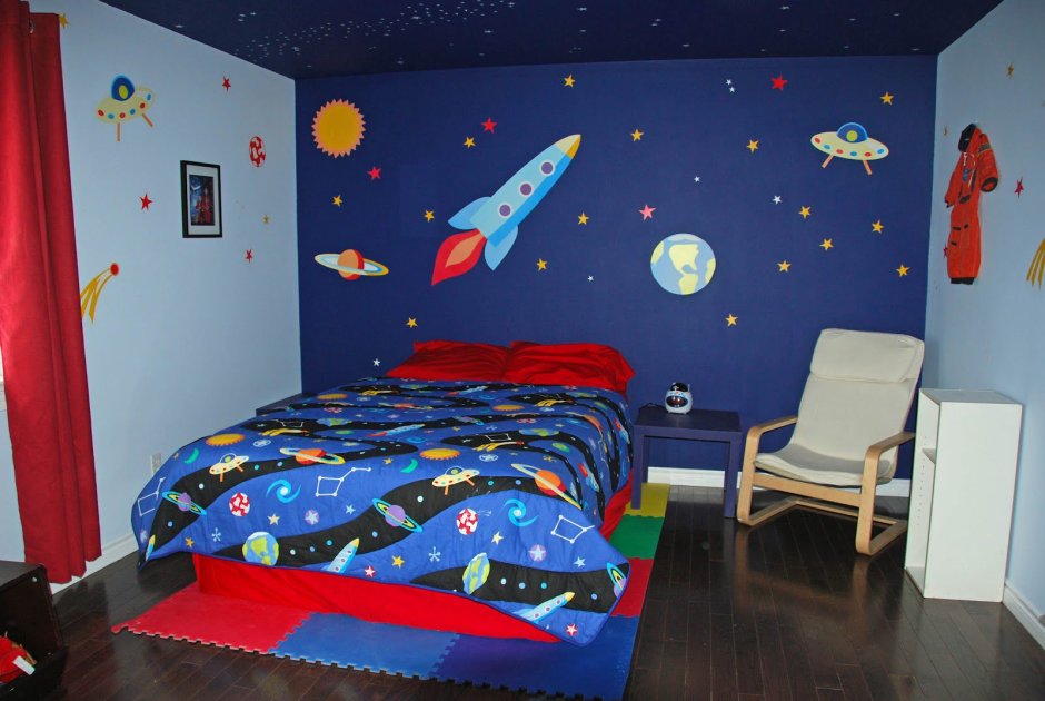 Фотообои космос в интерьере спальни