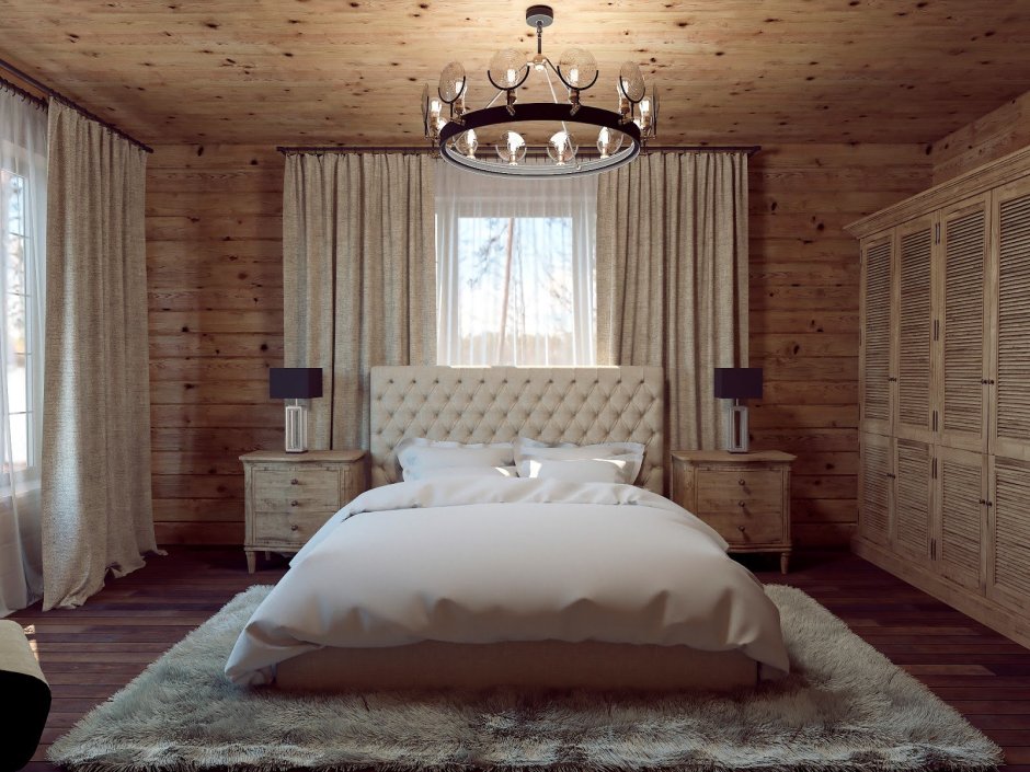 Спальня в доме из бруса в современном стиле