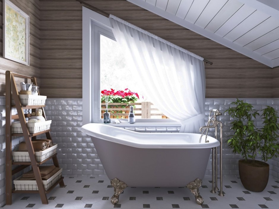 Интерьер ванной комнаты в доме из бревна