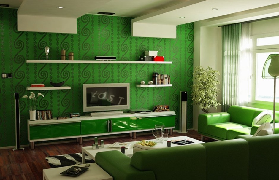 Гостиная с зелеными стенами