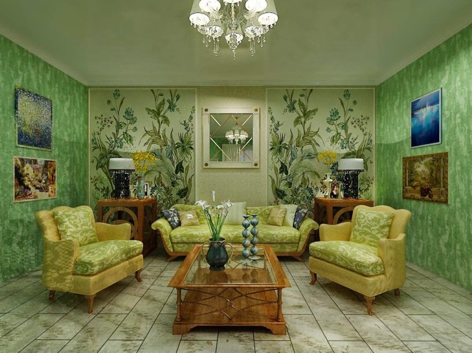 Зеленая гостиная в классическом стиле