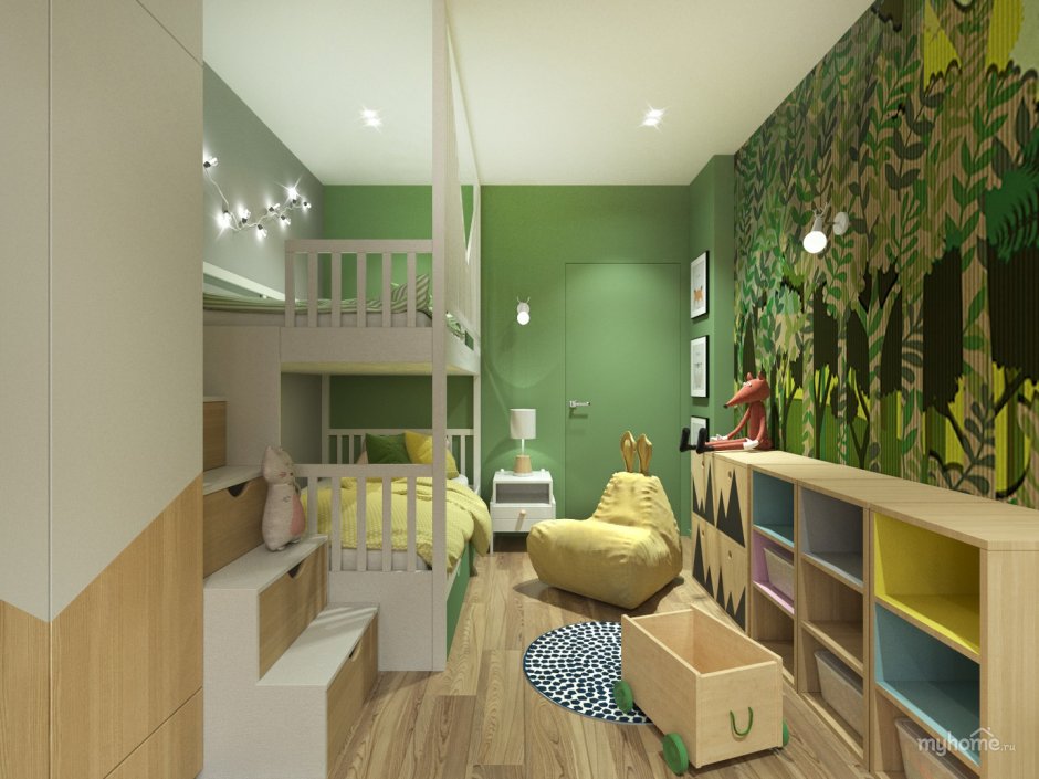 Интерьер узкой детской комнаты для двоих разнополых детей