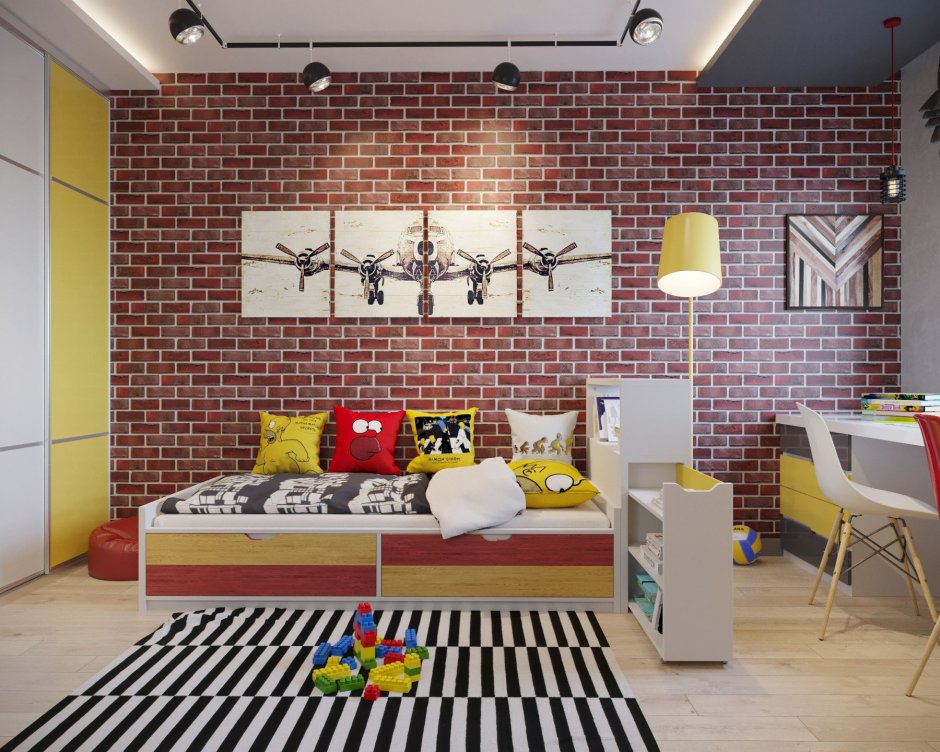 Детская комната с кирпичной стеной