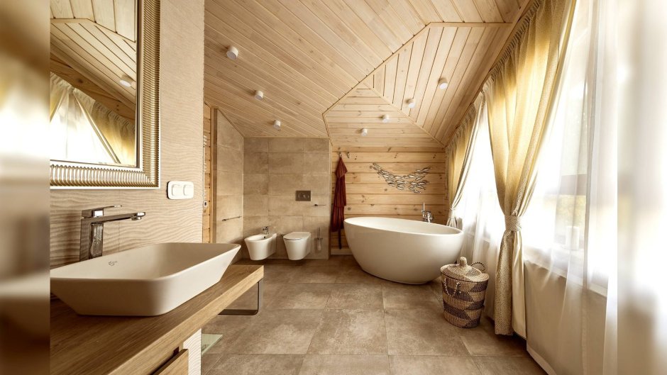 Стильные решения в ванной комнате дома из клееного бруса