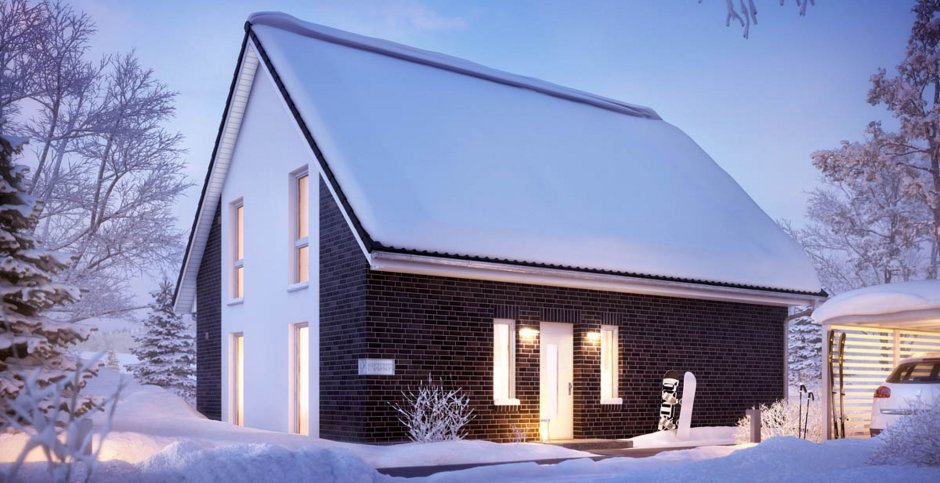 Дом в скандинавском стиле с панорамными окнами с двухскатной крышей