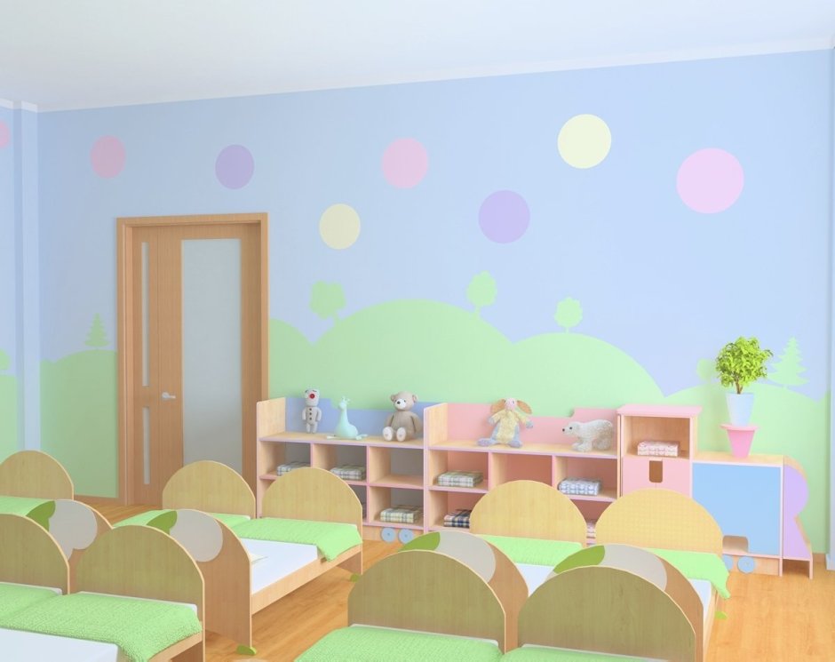 Покраска стен в спальне детского сада