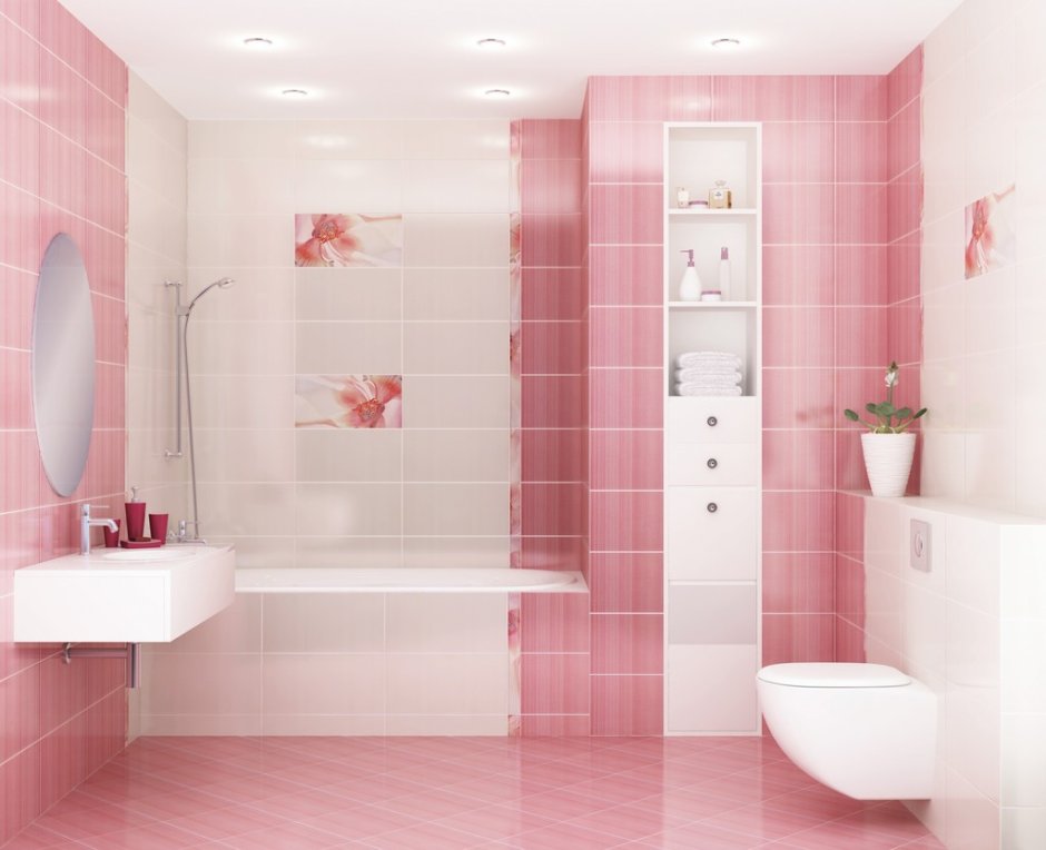 Интерьер ванной комнаты в розовых тонах