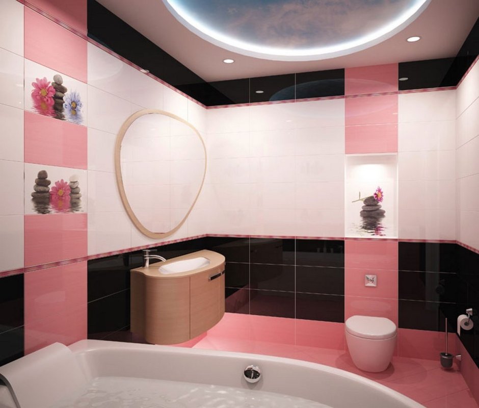 Маленькая ванна с розовым потолком -дизайн