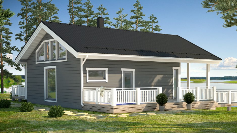 Серый каркасный дом с террасой