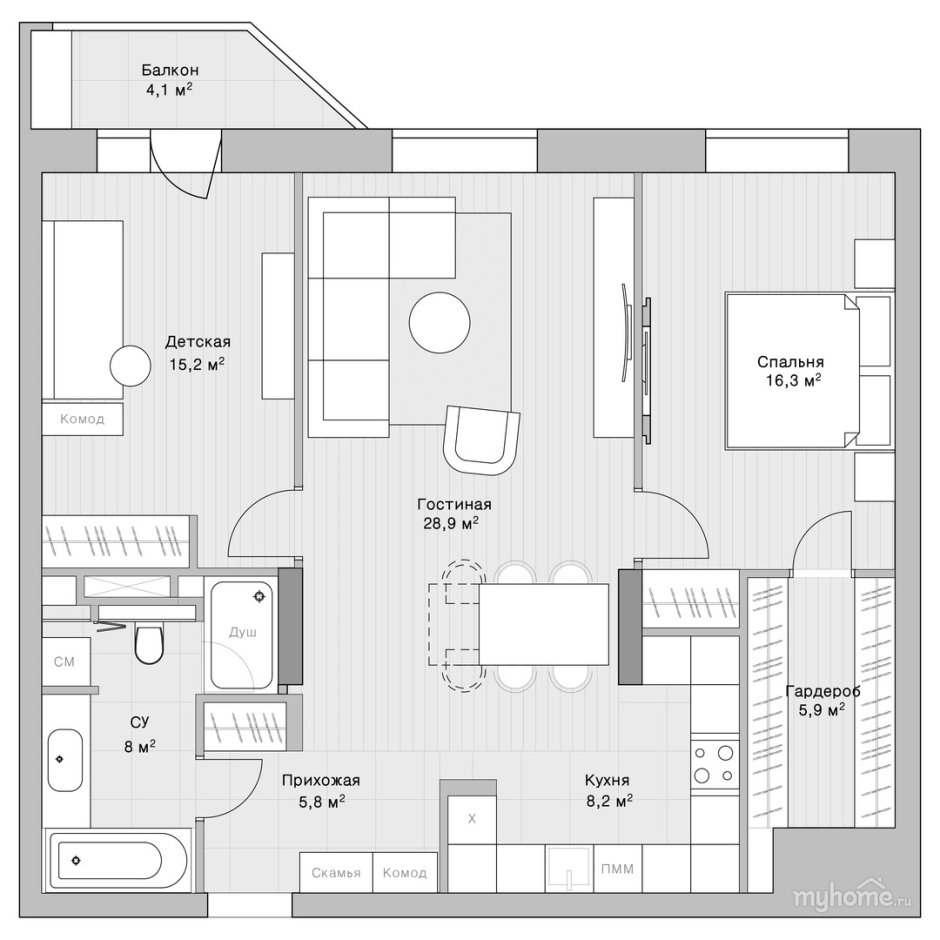 Планировки трехкомнатных квартир с кухней-гостиной