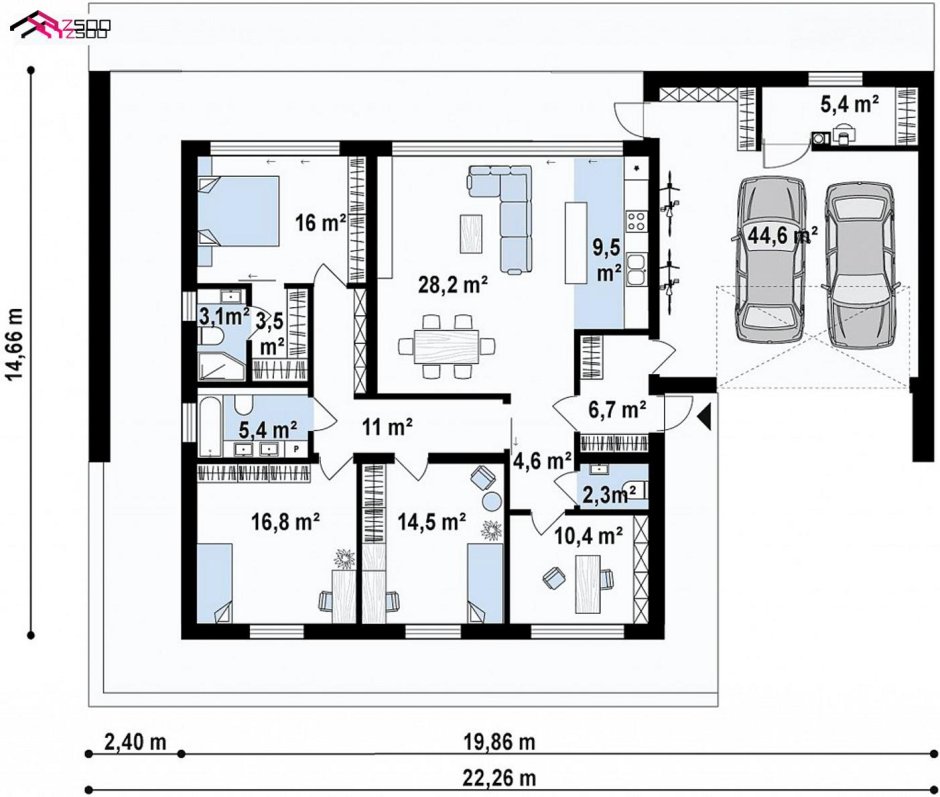 План одноэтажного дома с гаражом и террасой с тремя спальнями