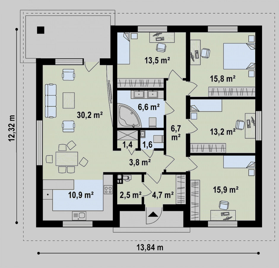 Одноэтажный дом с тремя комнатами