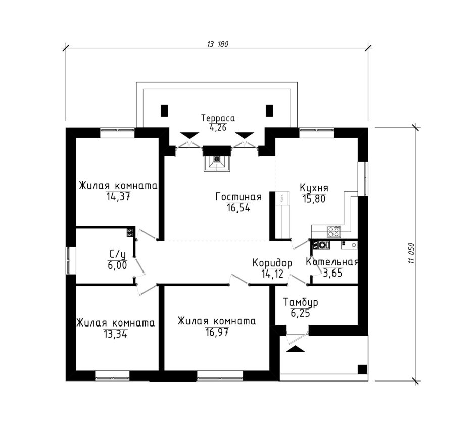 План одноэтажного дома с 3 спальнями кладовкой и котельной