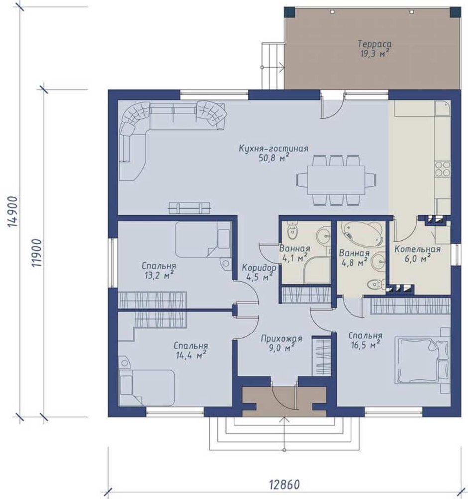 Планировка одноэтажного дома 150 кв.м с 3 спальнями