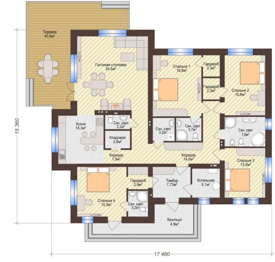 Одноэтажный дом 150 кв.м планировка с террасой 4 комнаты