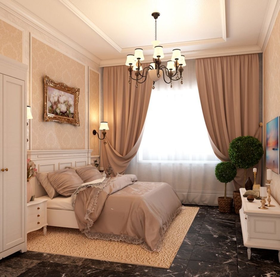 Интерьер спальни в пастельных тонах в классическом стиле