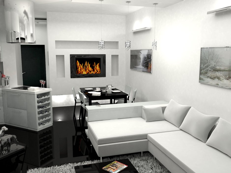 Черно белый интерьер однокомнатной квартиры