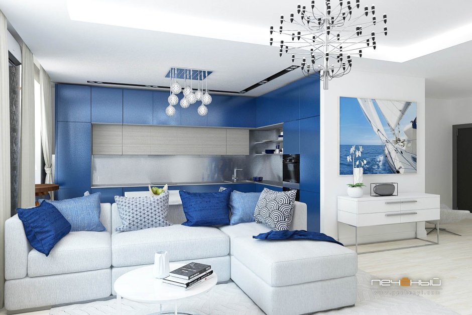 Бело синий интерьер гостиной