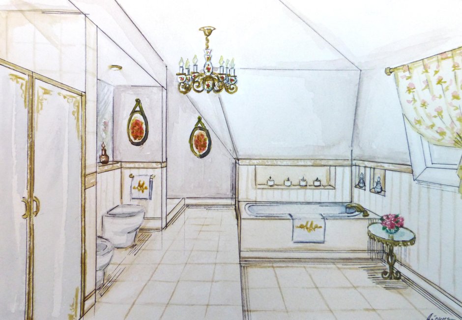 Дизайн интерьера ванная совмещенная скетч