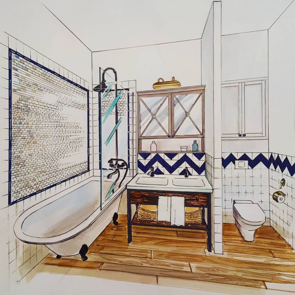 Эскиз современного интерьера ванной комнаты