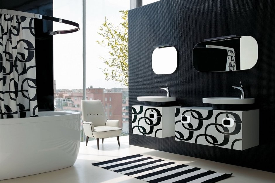 Дизайн ванной комнаты черно белой панелей (69 фото)