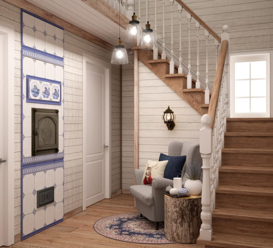 Гостиная в скандинавском стиле в деревянном доме