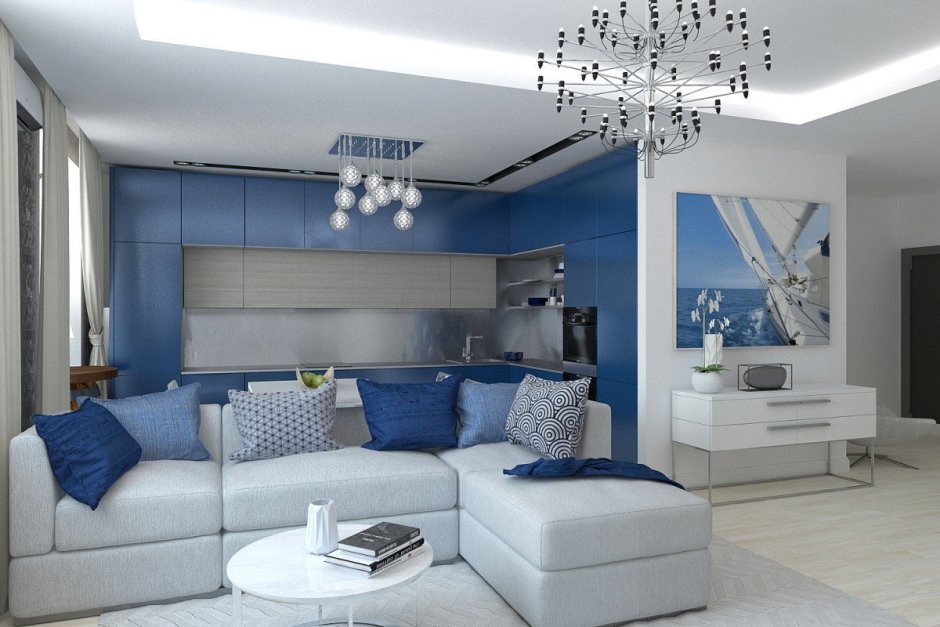 Бело синий интерьер гостиной