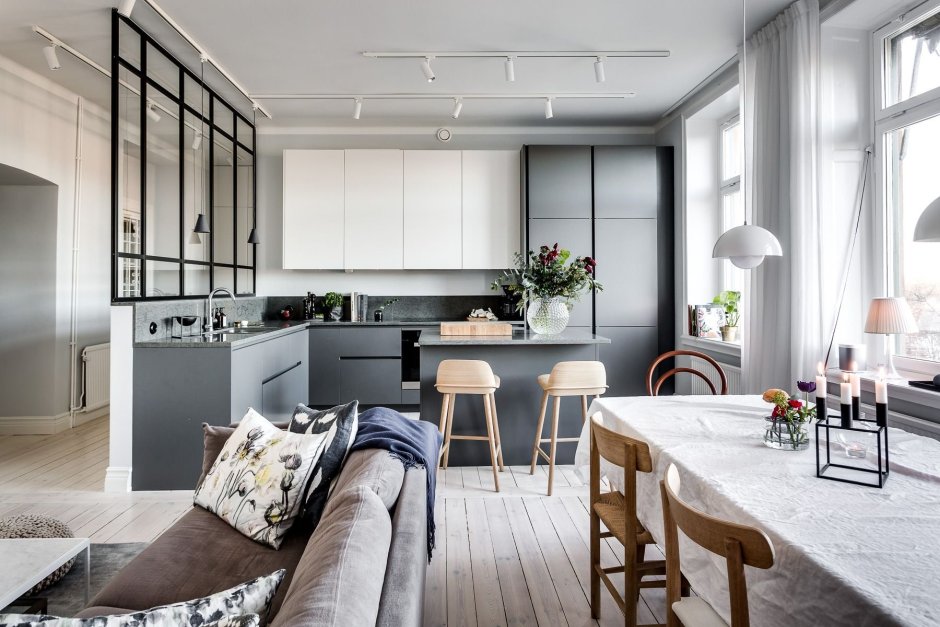Кухня-гостиная в скандинавском стиле 20 кв.м