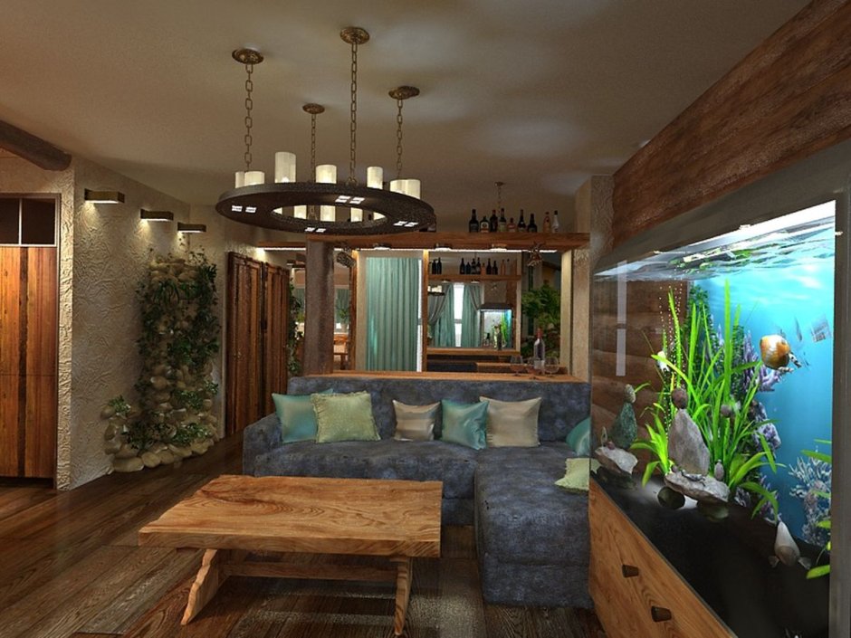 Зал совмещенный с кухней в частном доме с аквариумом фото