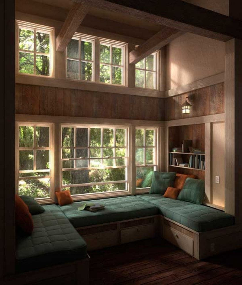 Уютная комната с большими окнами