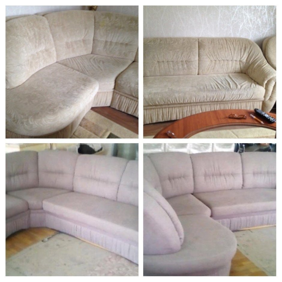 Перетяжка углового дивана до и после