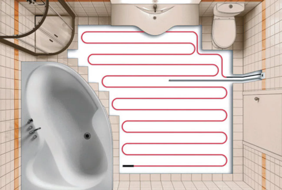 Схема укладки тёплого электрического пола в ванной