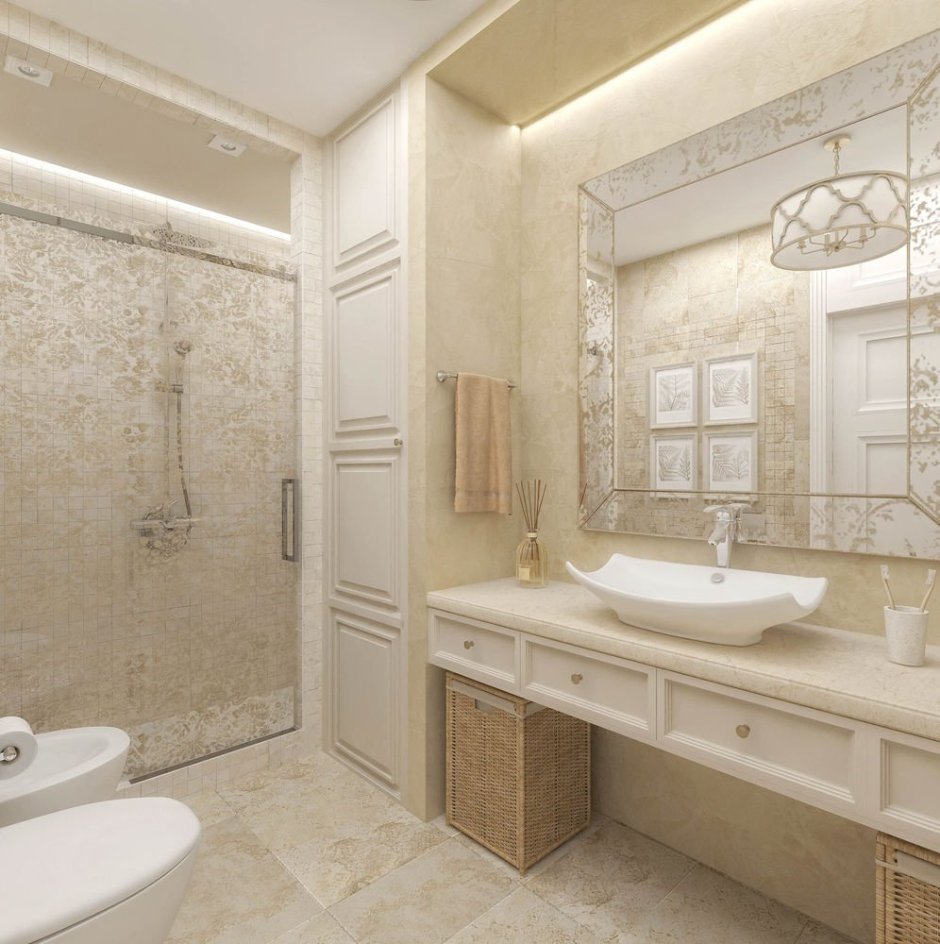 Красивые светлые интерьеры ванных комнат совмещенных с туалетом