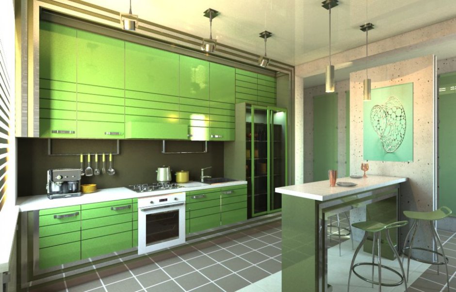 Зеленая кухня с антресолями