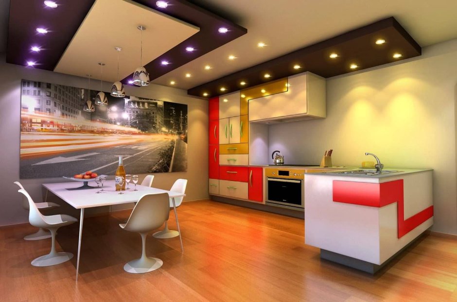 Дизайнерские потолки на кухне