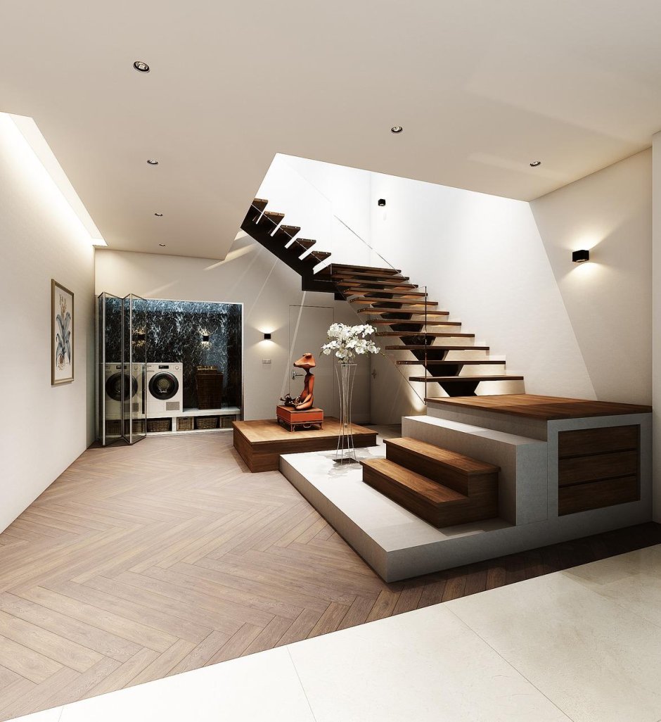 Дизайн лестницы в коттедже в современном стиле