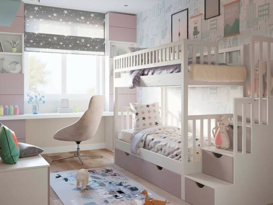 Детская комната для девочек с двухъярусной кроватью
